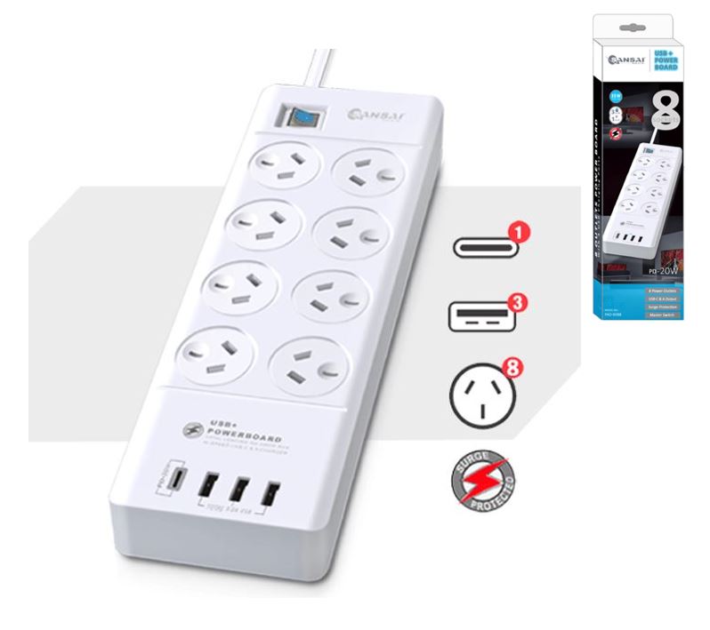 Sansai 8 Outlet 3*USB-A & 1*USB-C Powerboard Master On/Off switch Surge and overload protected 1M 20W 220-240V 10A IV Retail box Sansai 8 Outlet 3*USB-A & 1*USB-C Powerboard Master On/Off switch Surge and overload protected 1M 20W 220-240V 10A IV Retail box